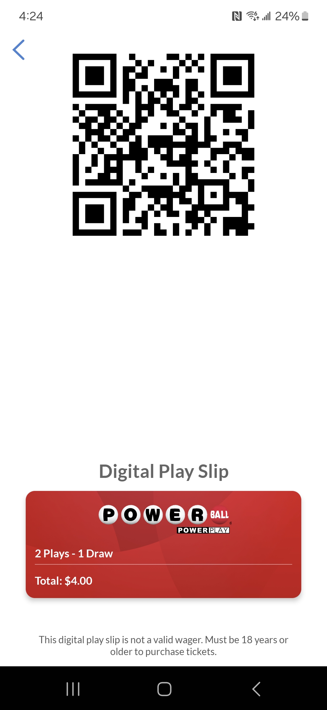 screenshot of mobile app Powerball page