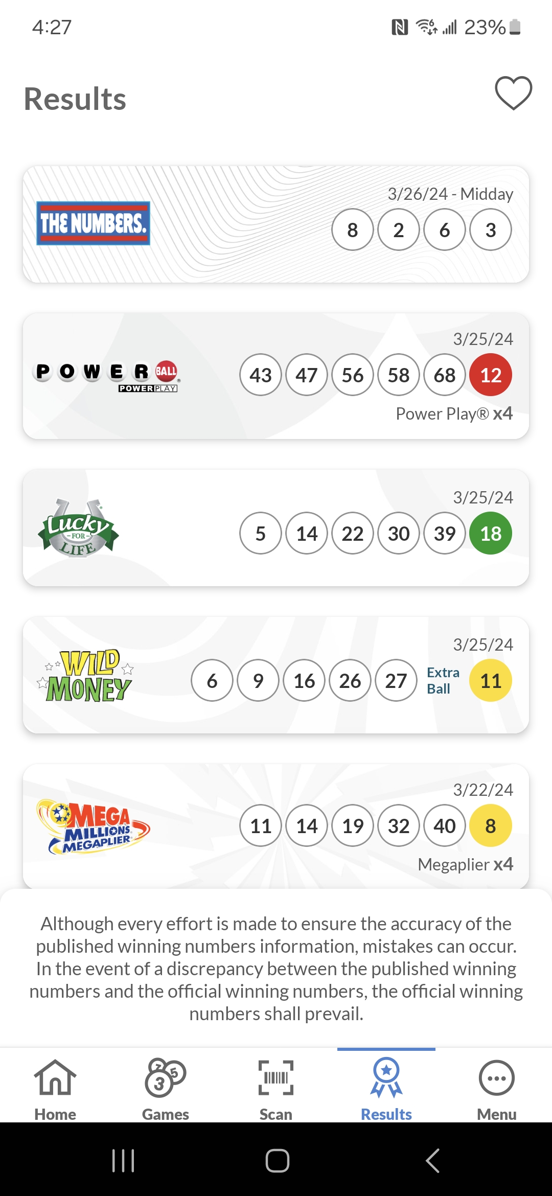 screenshot of mobile app Powerball Play Slip